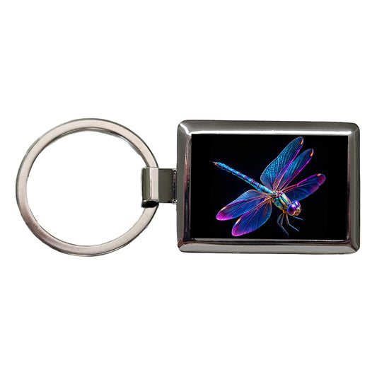 Neon Purple Blue Dragonfly Rectangle Metal Keychain