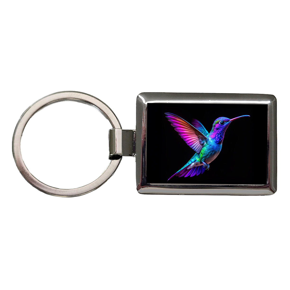 Neon Purple Blue Hummingbird Rectangle Metal Keychain