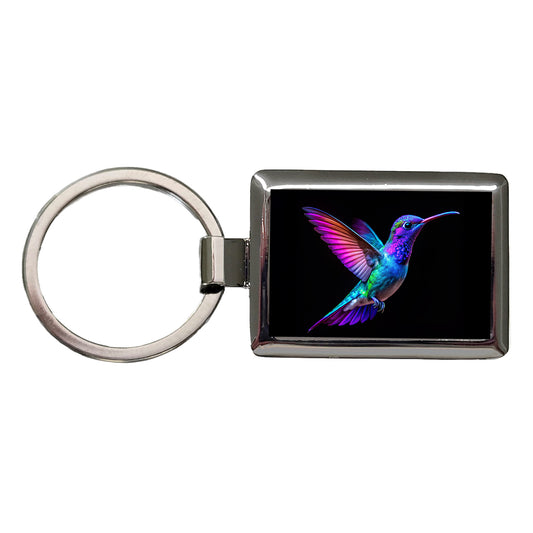 Neon Purple Blue Hummingbird Rectangle Metal Keychain