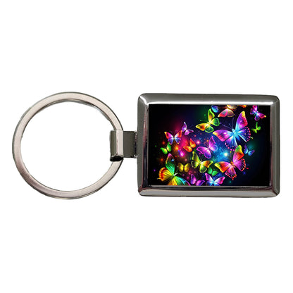 Neon Rainbow Butterflies Rectangle Metal Keychain