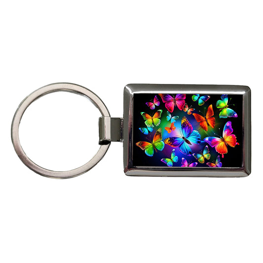 Neon Rainbow Colorful Butterflies Rectangle Metal Keychain