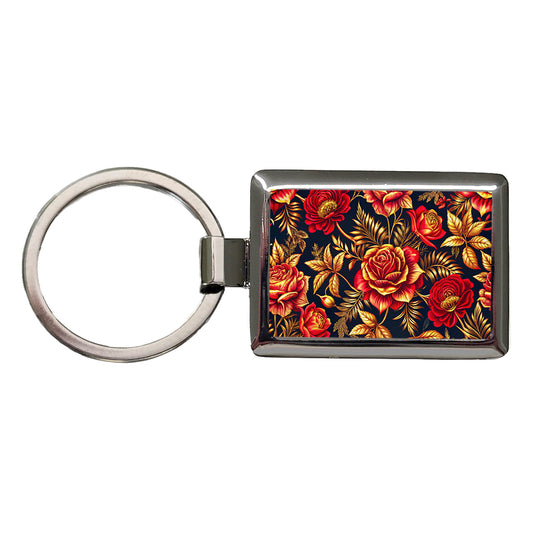 Neon Red And Gold Rose Floral Pattern Rectangle Metal Keychain