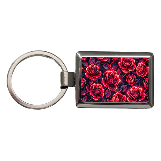 Neon Red Rose Floral Pattern Rectangle Metal Keychain