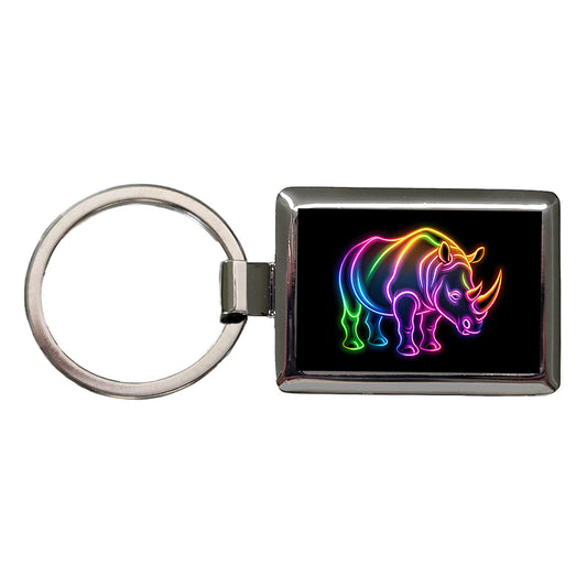 Neon Rhino Rectangle Metal Keychain