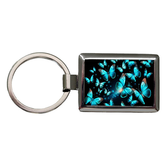 Neon Teal Blue Butterflies Rectangle Metal Keychain