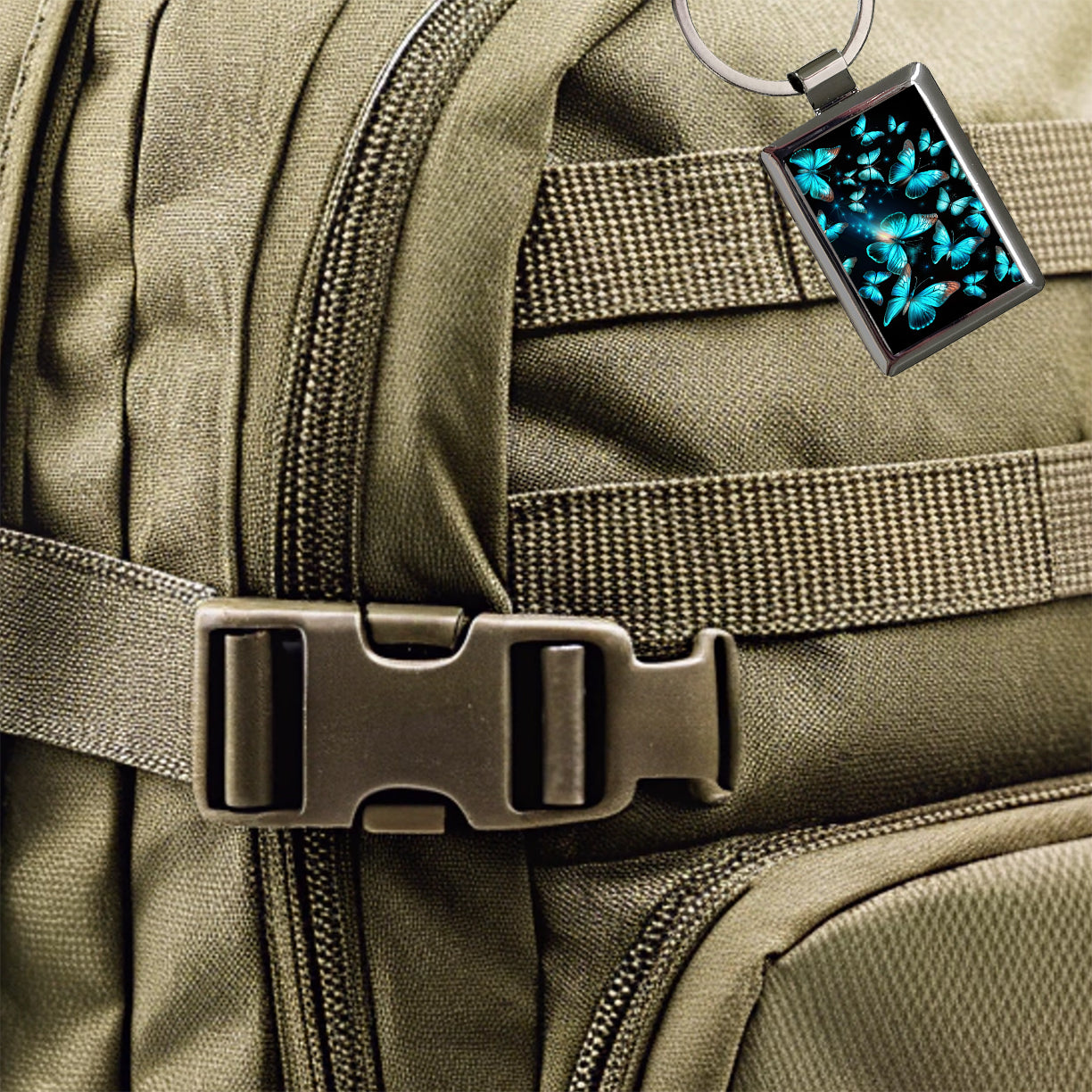 Neon Teal Blue Butterflies Rectangle Metal Keychain