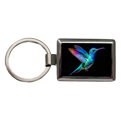 Neon Teal Blue Hummingbird Rectangle Metal Keychain