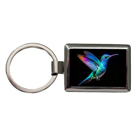 Neon Teal Blue Hummingbird Rectangle Metal Keychain