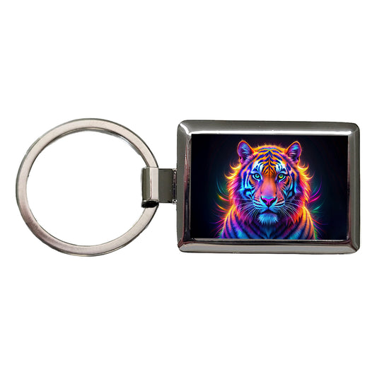 Neon Tiger Rectangle Metal Keychain