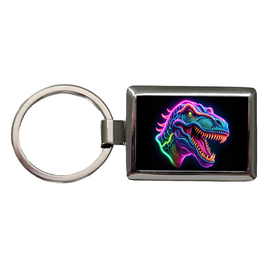 Neon T-Rex Dinosaur Head Rectangle Metal Keychain