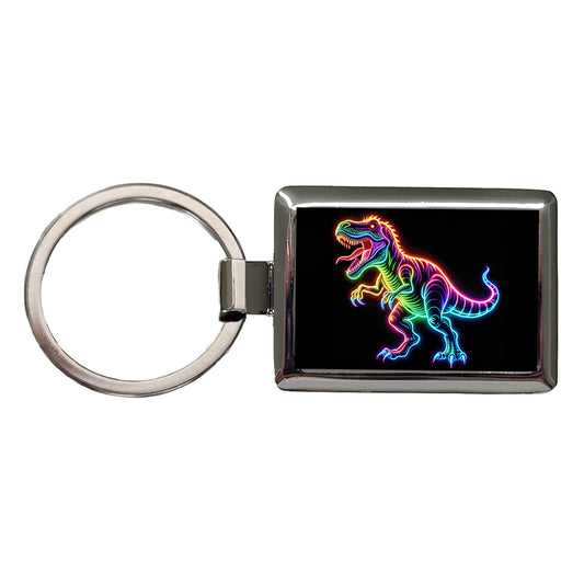 Neon T-Rex Dinosaur Rectangle Metal Keychain