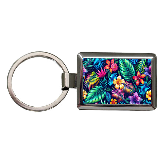 Neon Tropical Floral Pattern Rectangle Metal Keychain