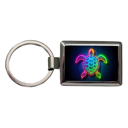 Neon Turtle Rectangle Metal Keychain