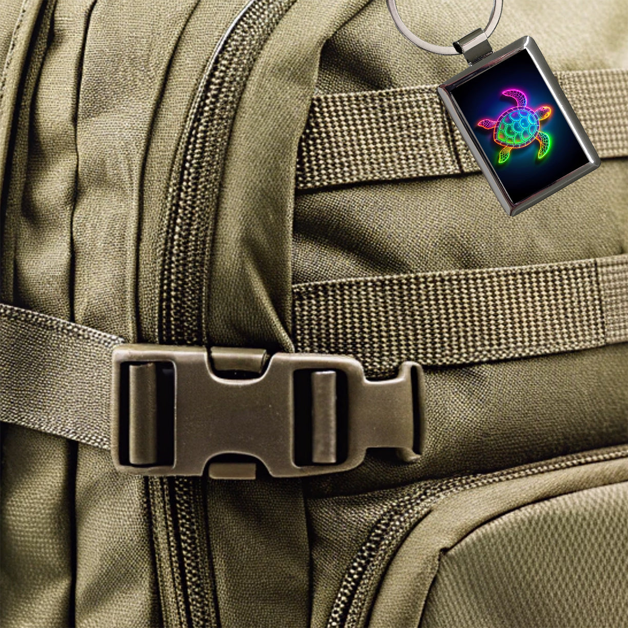 Neon Turtle Rectangle Metal Keychain