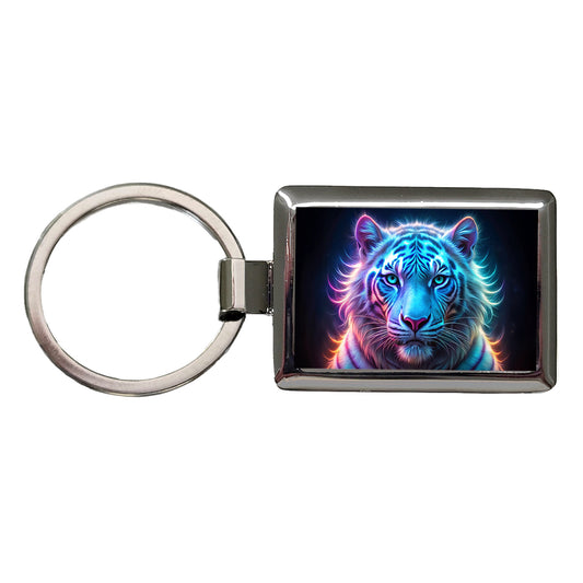 Neon White Tiger Face Rectangle Metal Keychain