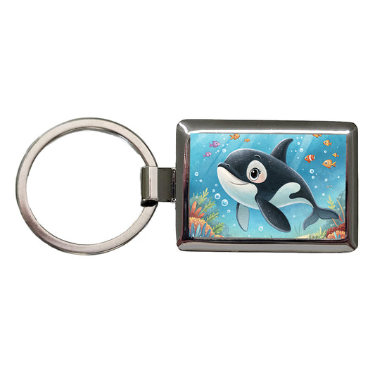 Orca Killer Whale Children's Illustration Style Rectangle Metal Keychain