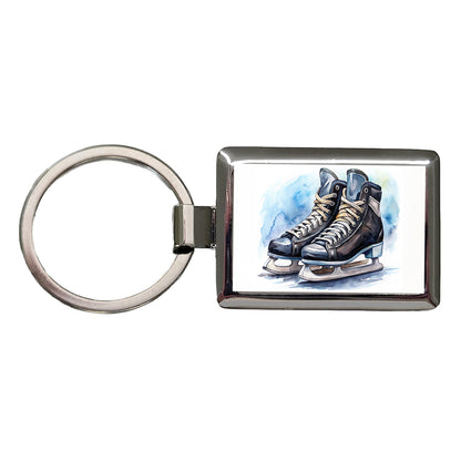 Pair Of Hockey Ice Skates Watercolor Rectangle Metal Keychain