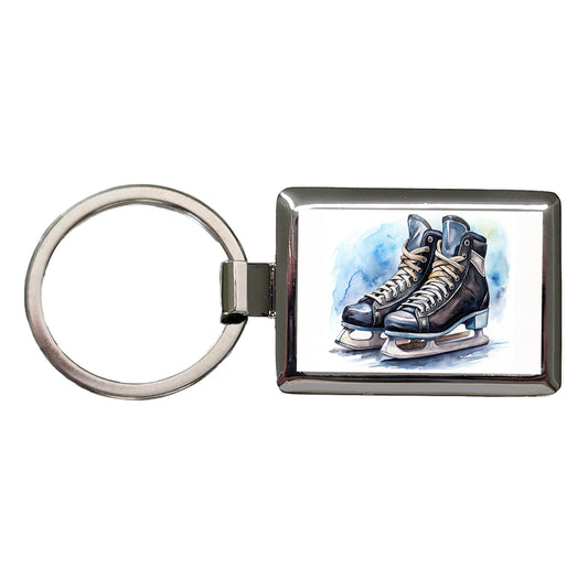 Pair Of Hockey Ice Skates Watercolor Rectangle Metal Keychain