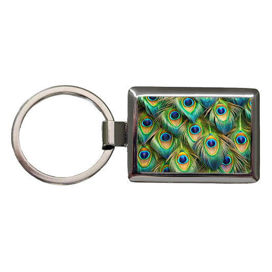 Peacock Feathers Pattern Rectangle Metal Keychain
