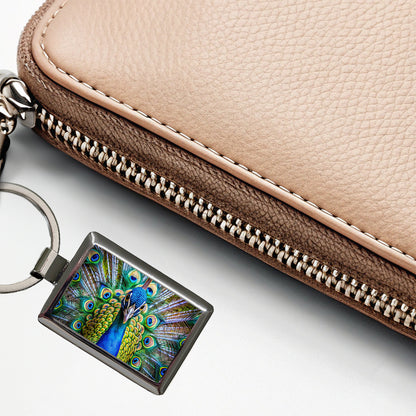 Peacock Rectangle Metal Keychain