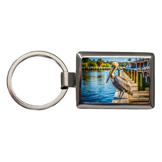 Pelican On Dock Rectangle Metal Keychain
