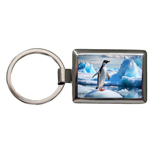 Penguin On Ice Flow Rectangle Metal Keychain