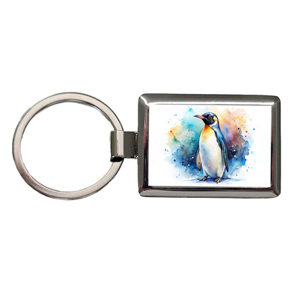 Penguin Watercolor Rectangle Metal Keychain