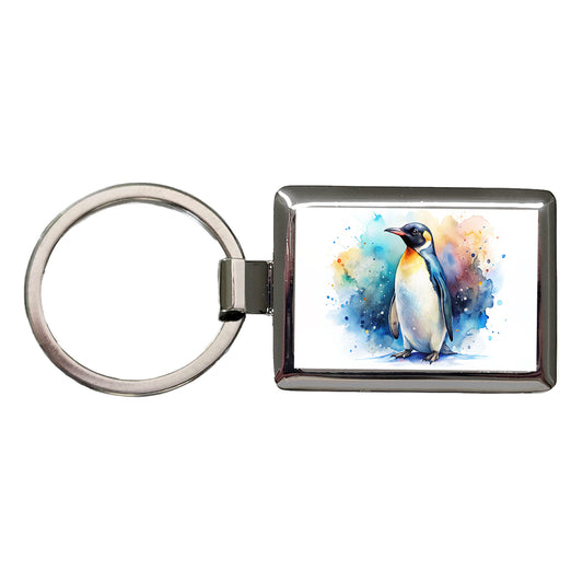 Penguin Watercolor Rectangle Metal Keychain