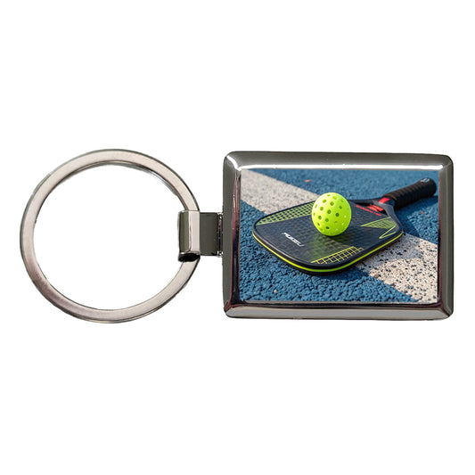 Pickleball Paddle and Ball on Court Rectangle Metal Keychain