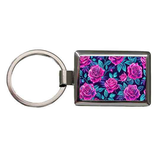 Pink Neon Rose Floral Pattern Rectangle Metal Keychain