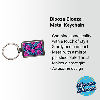 Pink Neon Rose Floral Pattern Rectangle Metal Keychain