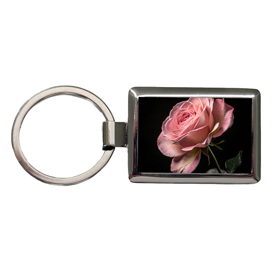 Pink Rose Rectangle Metal Keychain
