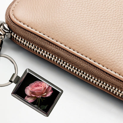 Pink Rose Rectangle Metal Keychain