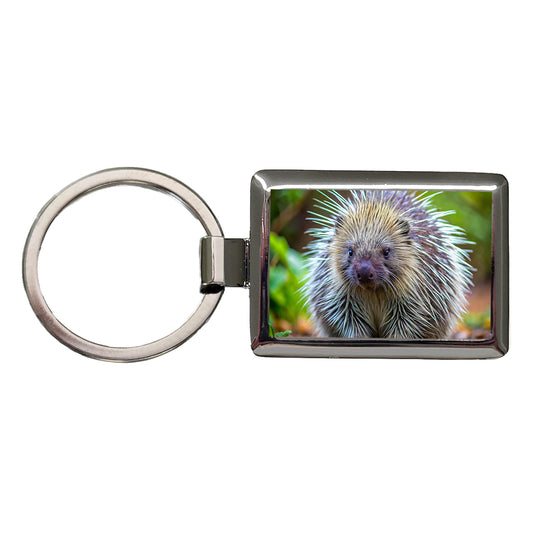 Porcupine Rectangle Metal Keychain