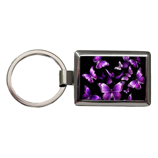 Purple Butterflies Flying Rectangle Metal Keychain
