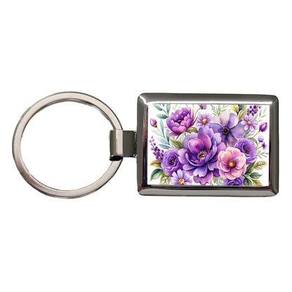 Purple Watercolor Flowers Rectangle Metal Keychain