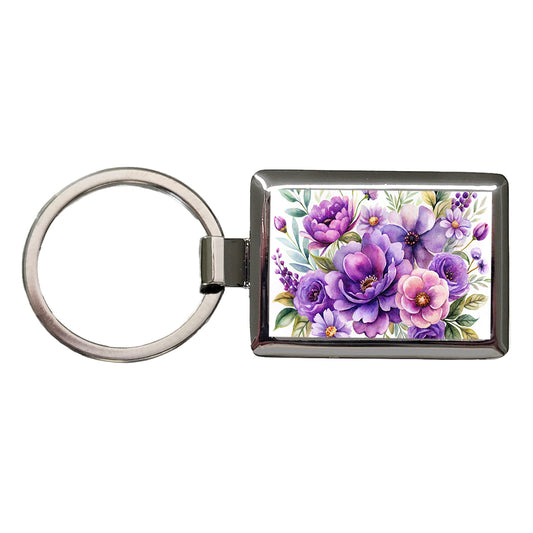 Purple Watercolor Flowers Rectangle Metal Keychain