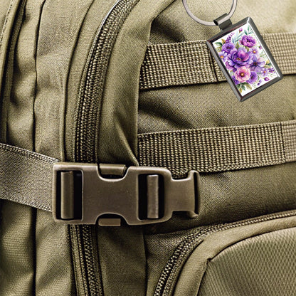 Purple Watercolor Flowers Rectangle Metal Keychain