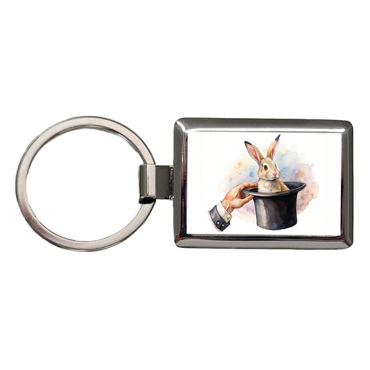 Rabbit Being Pulled Out Of A Magician's Hat Rectangle Metal Keychain
