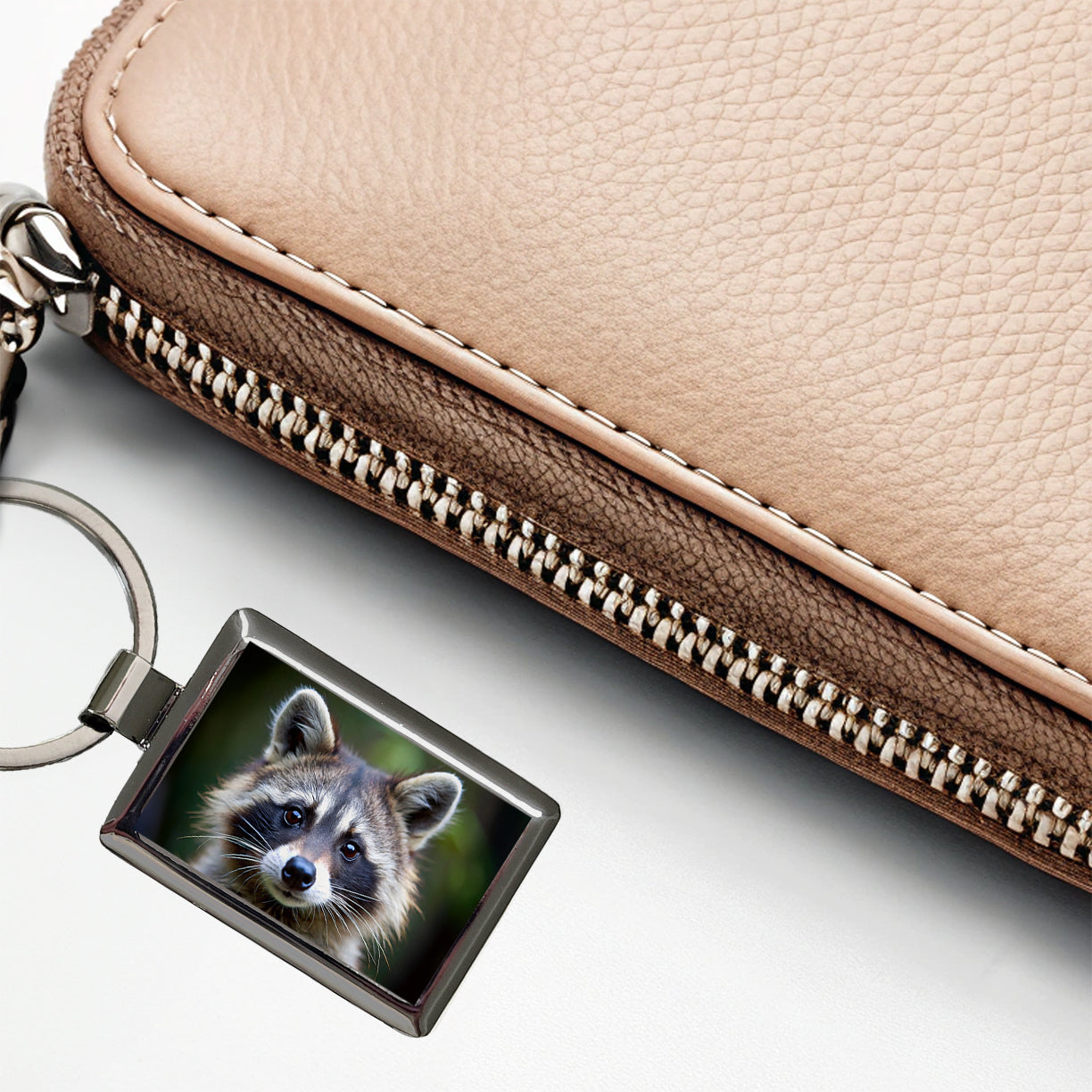 Raccoon Face Rectangle Metal Keychain