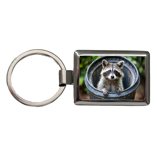 Raccoon In Barrel Trash Panda Rectangle Metal Keychain
