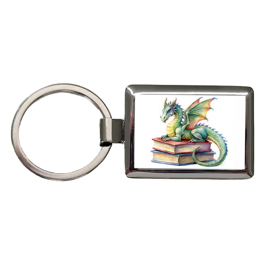 Reading Dragon Laying On Top Books Watercolor Rectangle Metal Keychain