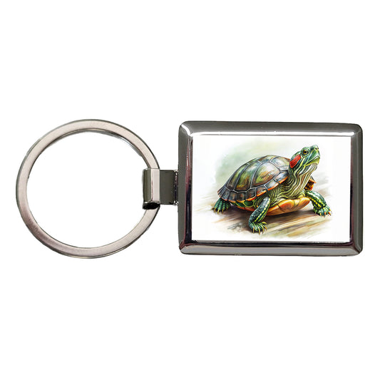Red Eared Slider Turtle Watercolor Rectangle Metal Keychain