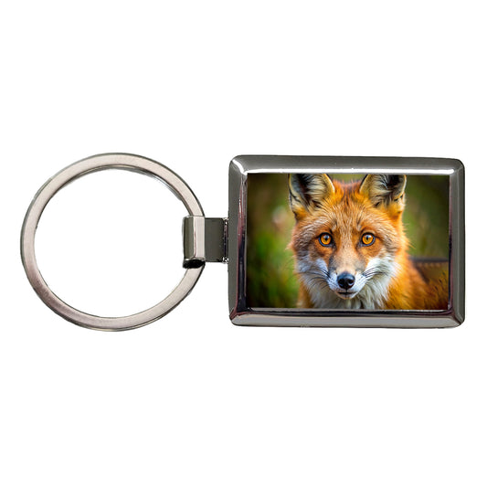 Red Fox Face Rectangle Metal Keychain