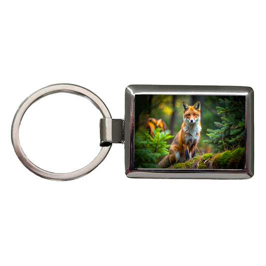 Red Fox In Forest Rectangle Metal Keychain