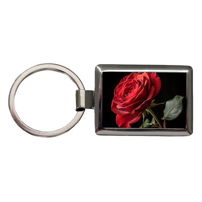 Red Rose On Black Background Rectangle Metal Keychain