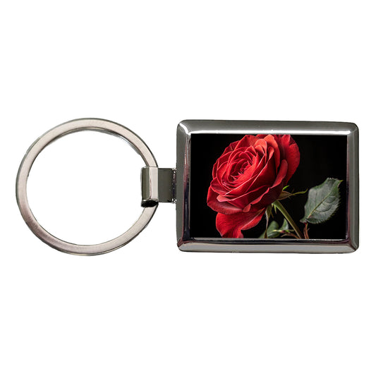 Red Rose On Black Background Rectangle Metal Keychain