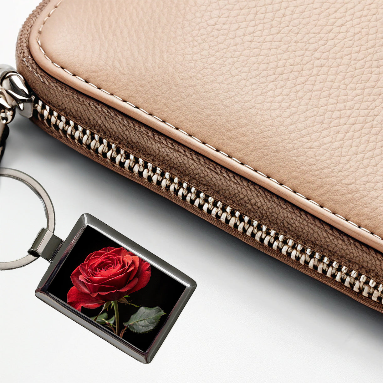 Red Rose On Black Background Rectangle Metal Keychain