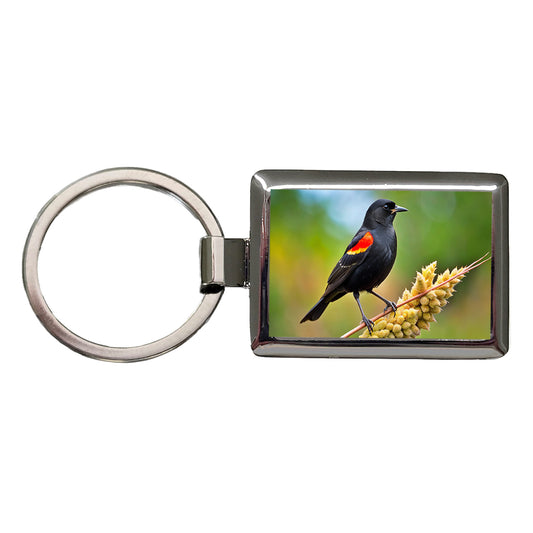 Red Winged Blackbird Backyard Bird Rectangle Metal Keychain