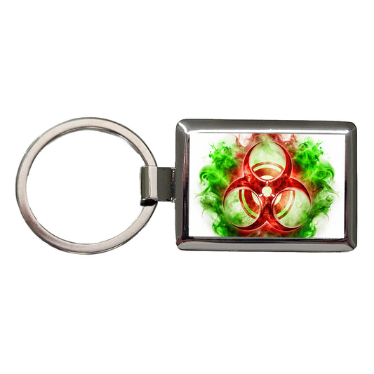 Red Zombie Outbreak Symbol With Green Toxic Gas Rectangle Metal Keychain
